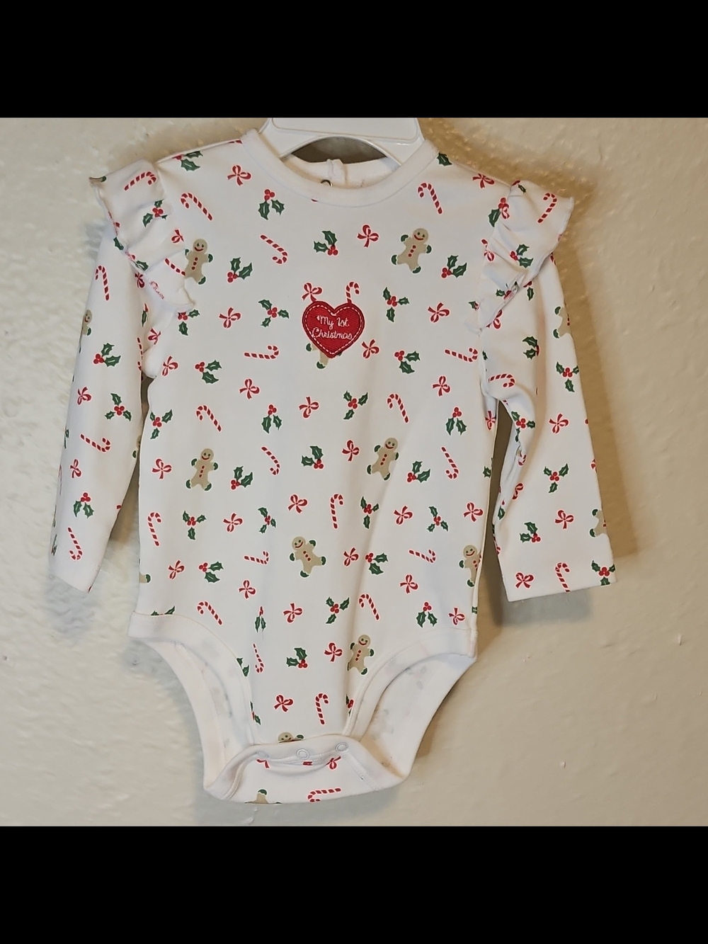Embroidered Christmas Gingerbread Candy Cane Long Sleeve Bodysuit 9M Snap